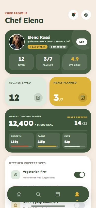 The same chef profile overview page rendered with final typography, color, and spacing applied