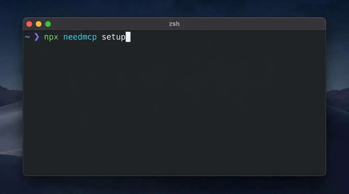 Terminal running npx needmcp setup for the NeedMCP CLI
