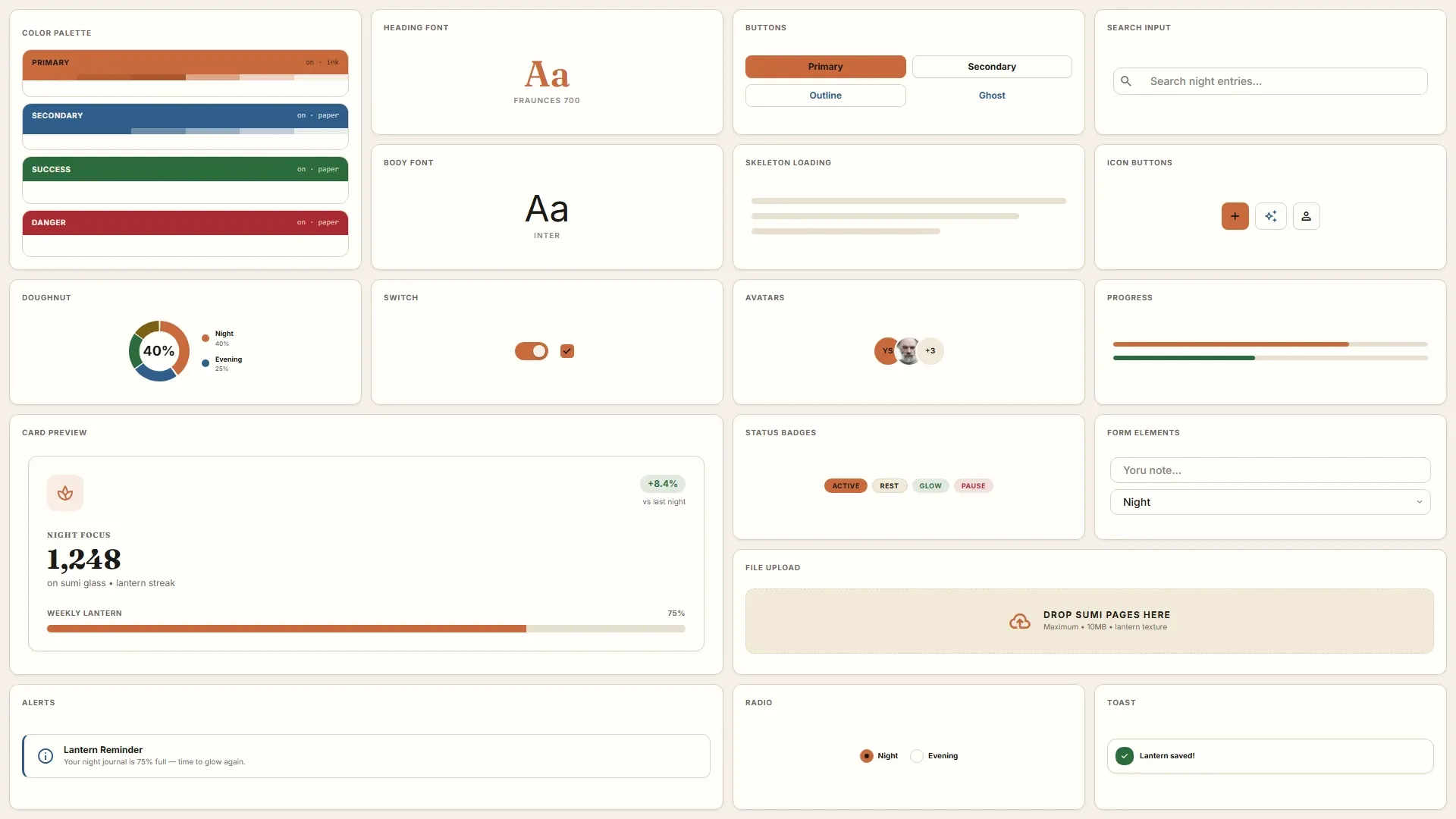 Bento grid preview of design tokens for one NeedMCP style, showing color, typography, spacing, and component values
