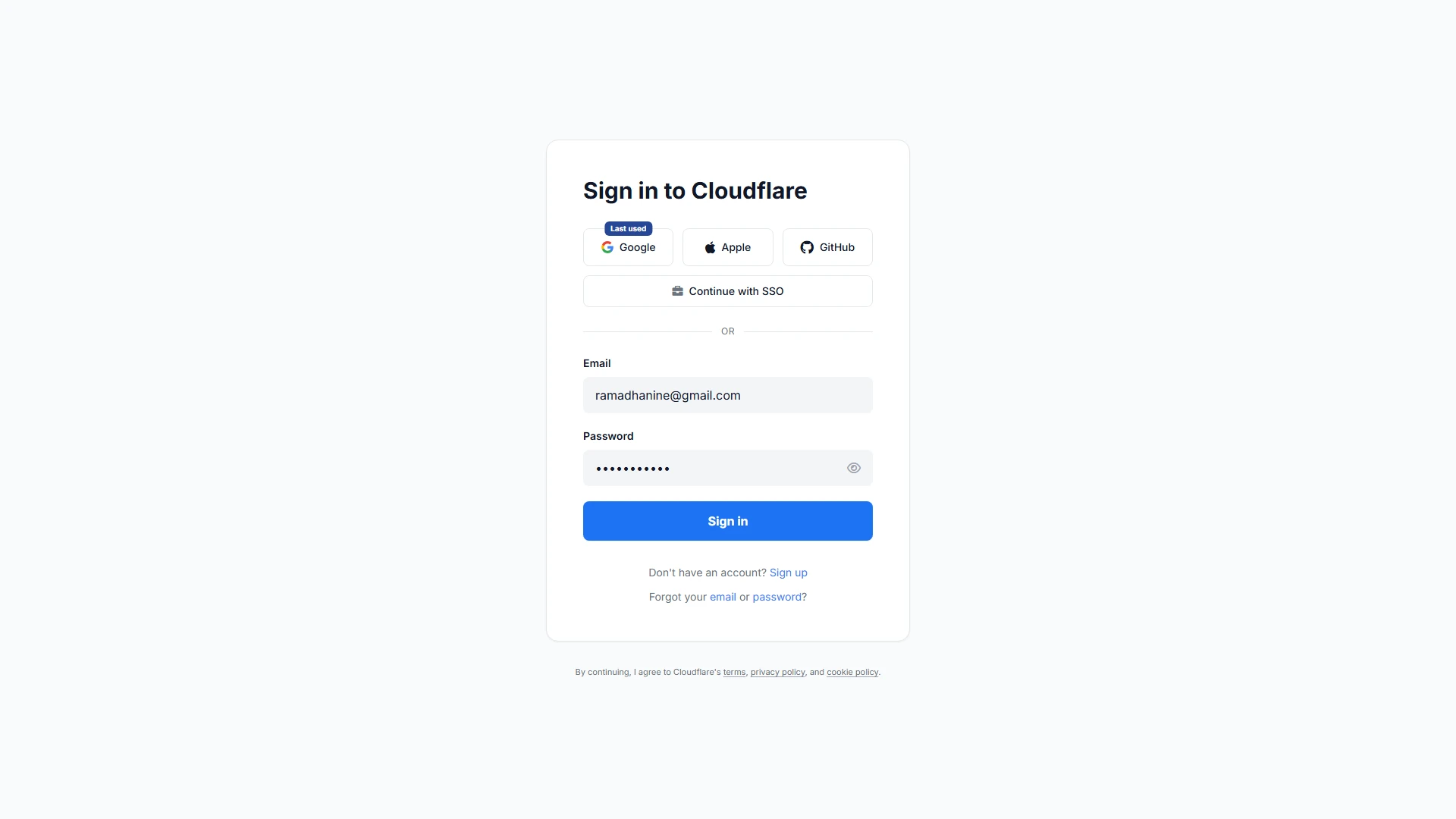 Cloudflare Auth Sign In desktop wireframe: single centered card with a row of social buttons, an SSO option and a credential form
