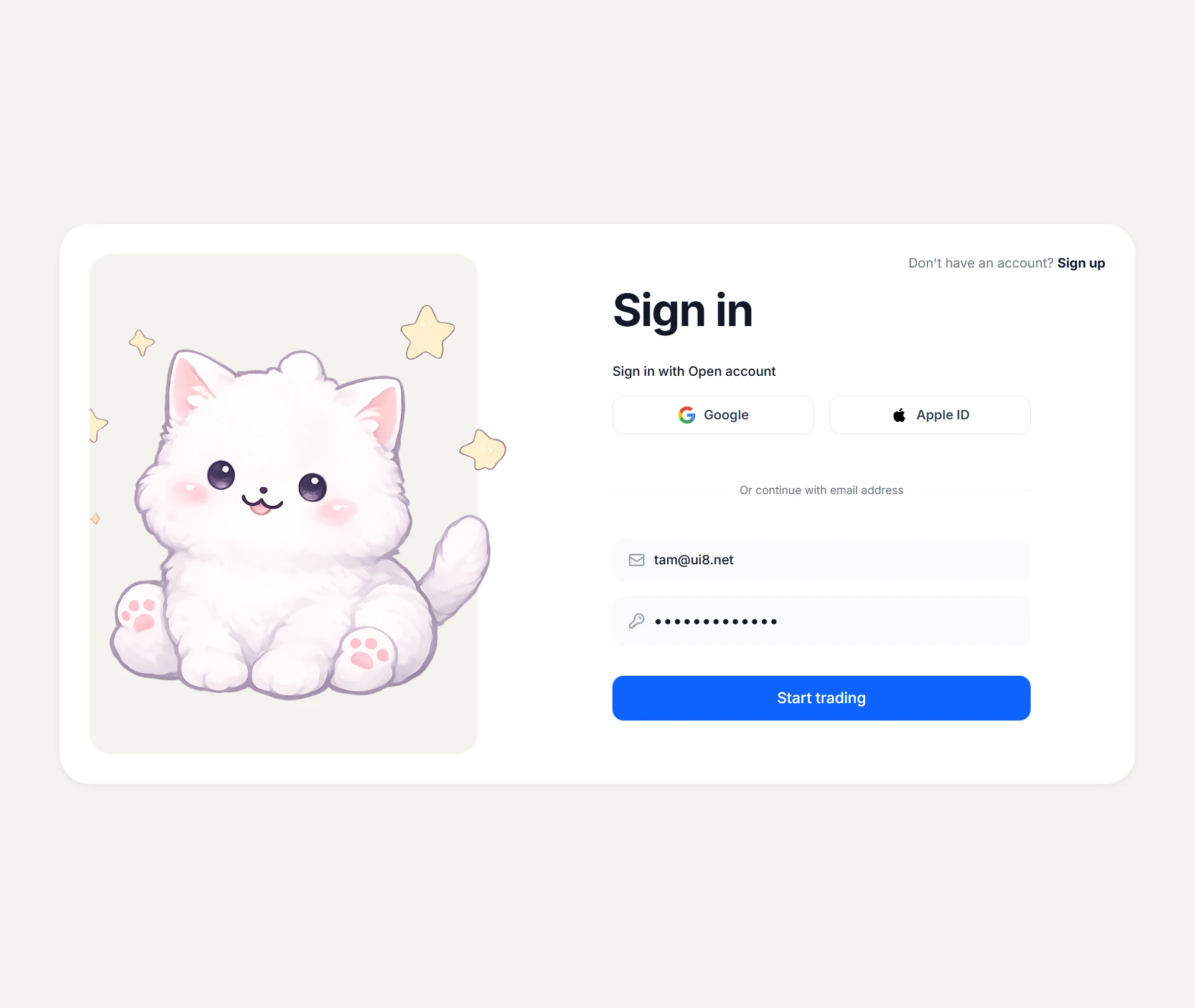Split Auth Card desktop wireframe: wide card split into an illustration panel on the left and a sign in form on the right