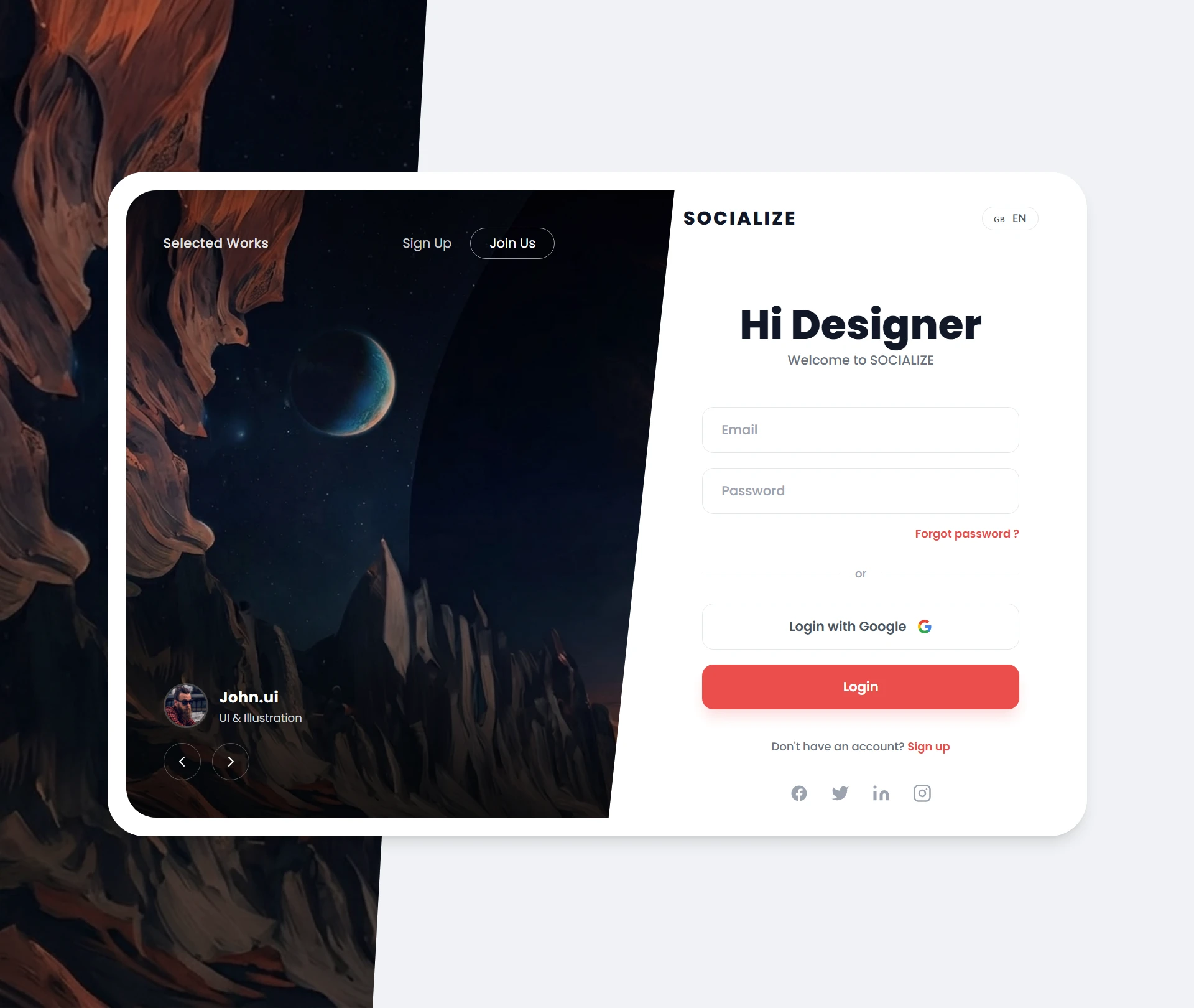 Dark Slanted Auth desktop wireframe: large card with a photograph clipped at an angle on the left and a narrow credential form on the right