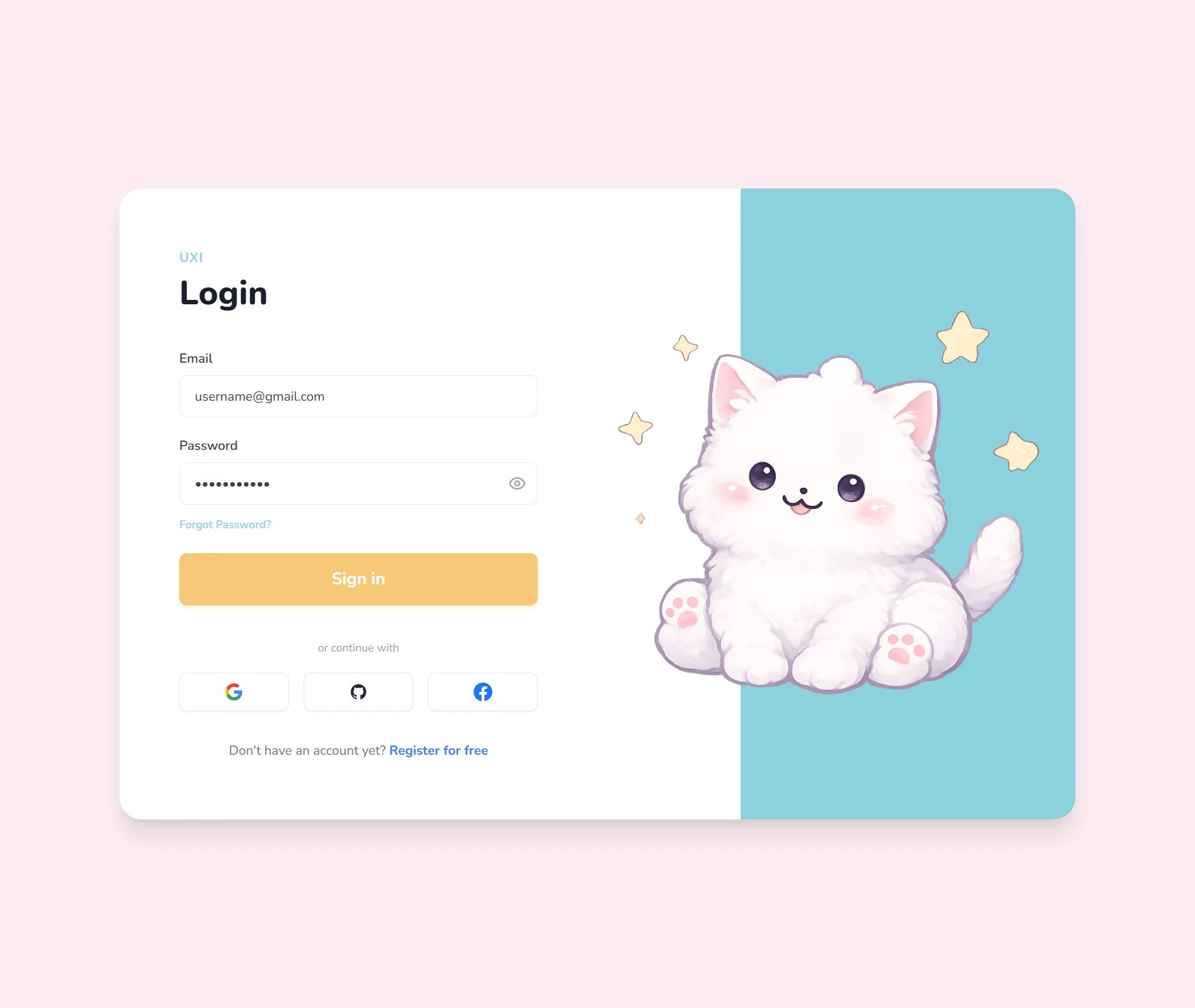 Soft Brand Auth desktop wireframe: wide card split into a left aligned form panel and a right illustration panel that overflows its edge