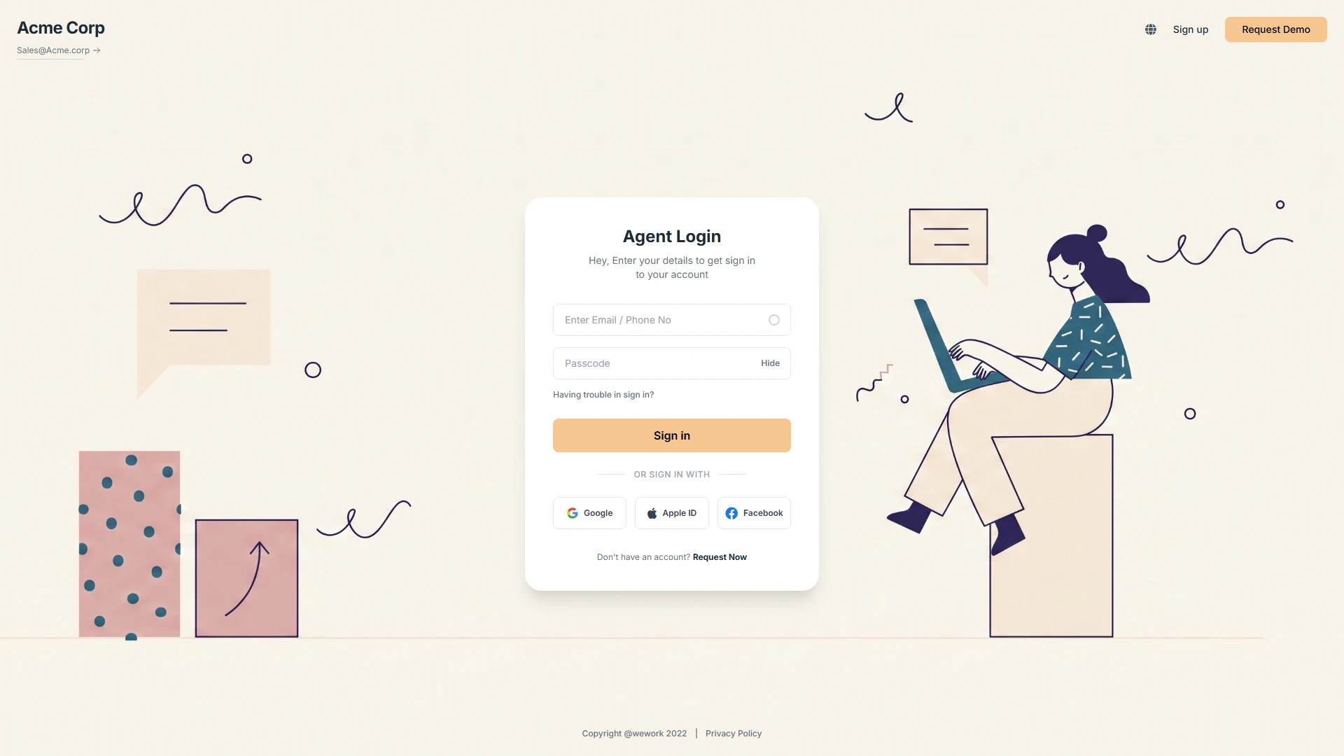 Sign In Form desktop wireframe: centered 420 pixel login card inside a corporate page header with demo and sign up actions