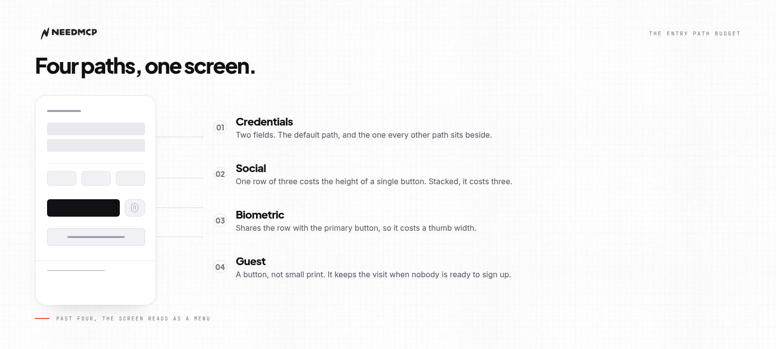A mobile login screen with four entry paths stacked in order: two credential fields, a row of three social buttons, a primary button with a biometric shortcut, and a guest button