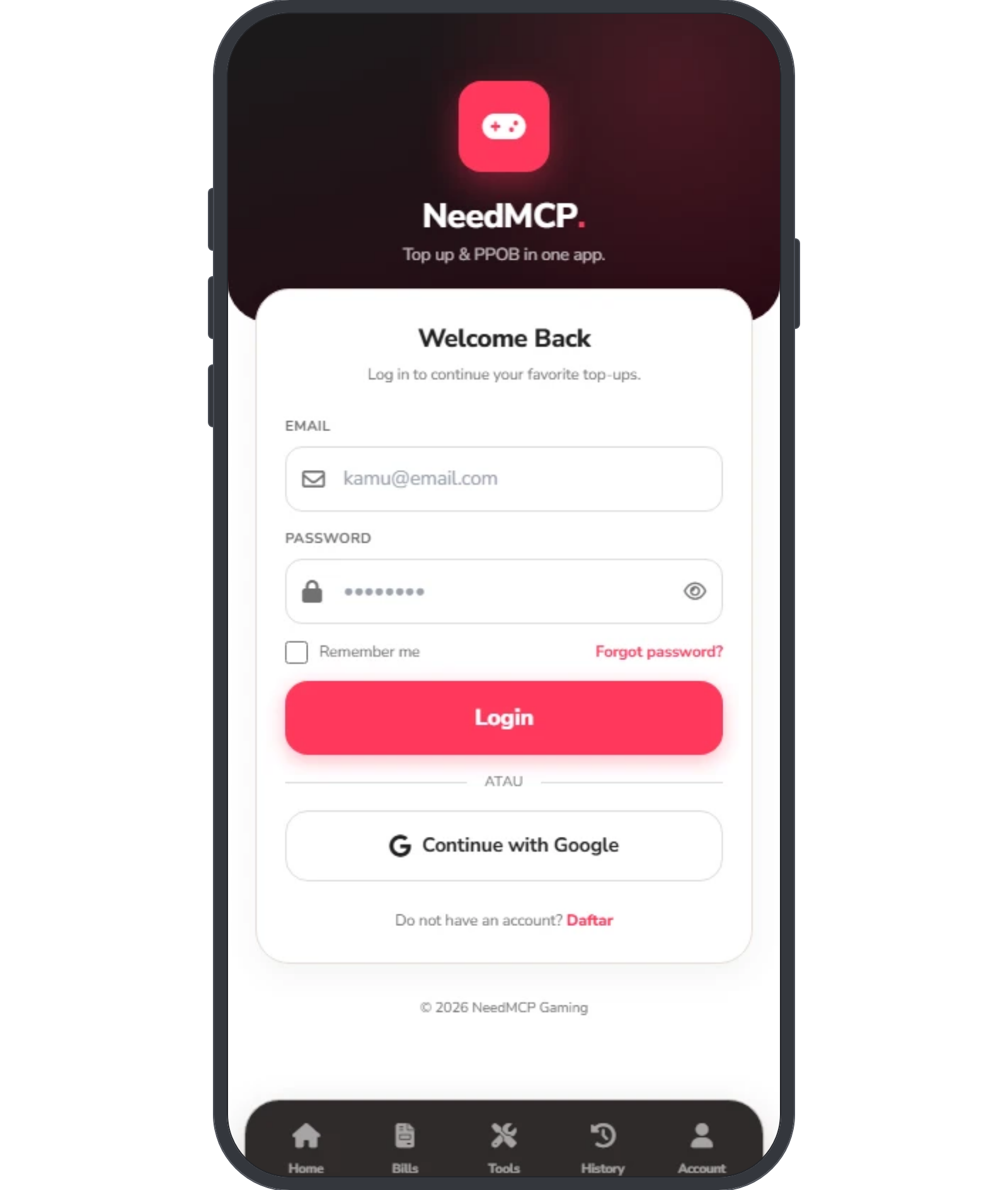 Nexus Login Auth Form mobile wireframe: brand header, welcome line, two fields, remember row, primary button, one social button and a register link