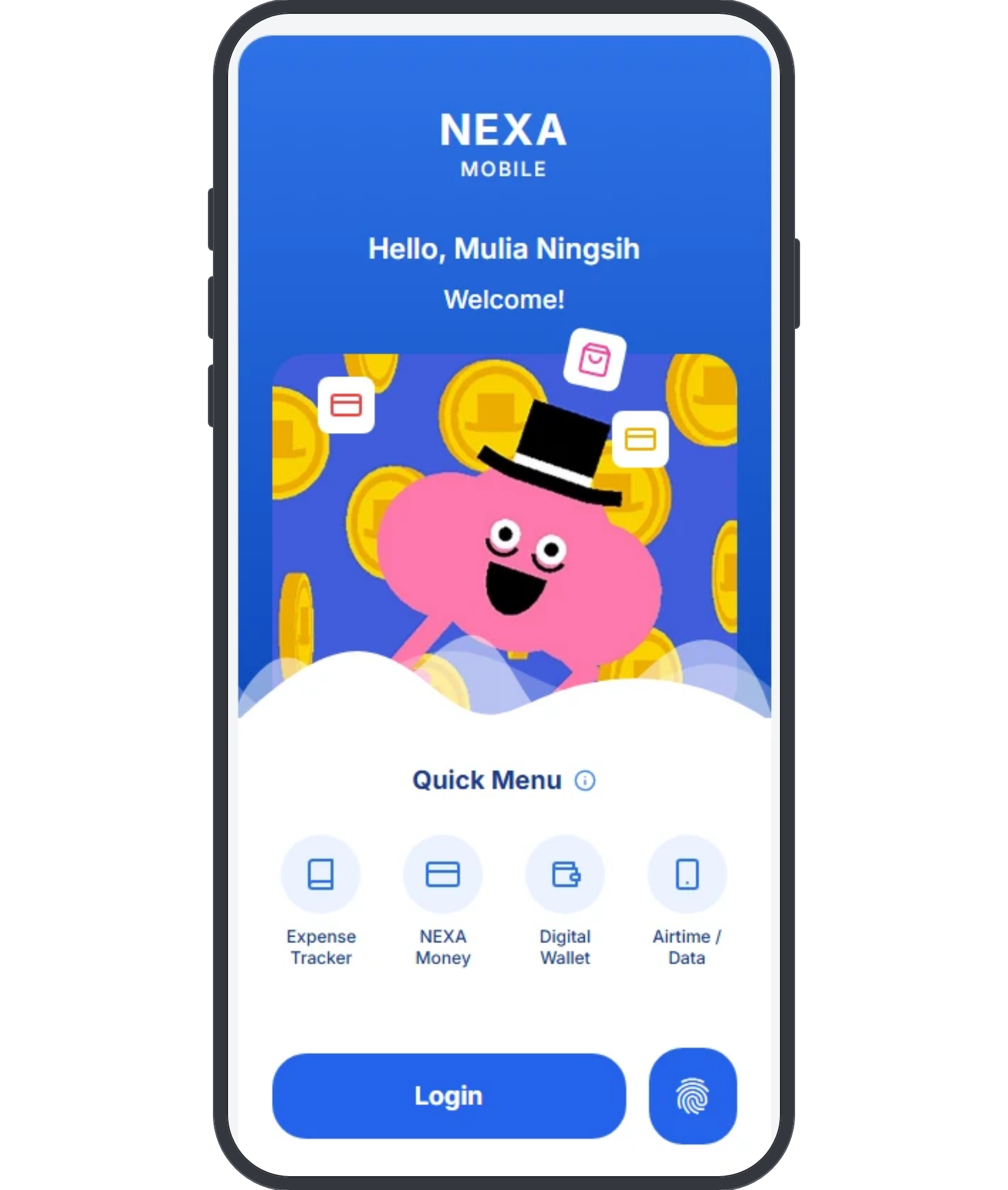 Split Login Finance mobile wireframe: brand header, personalised greeting, illustration panel, then a sheet with four shortcuts, a primary login pill and a biometric button beside it