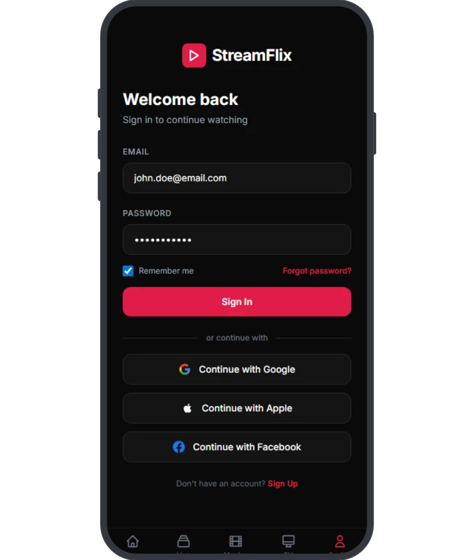 Auth Social Login mobile wireframe: logo, welcome line, two fields, remember row, primary button, divider, three stacked social buttons and a register link