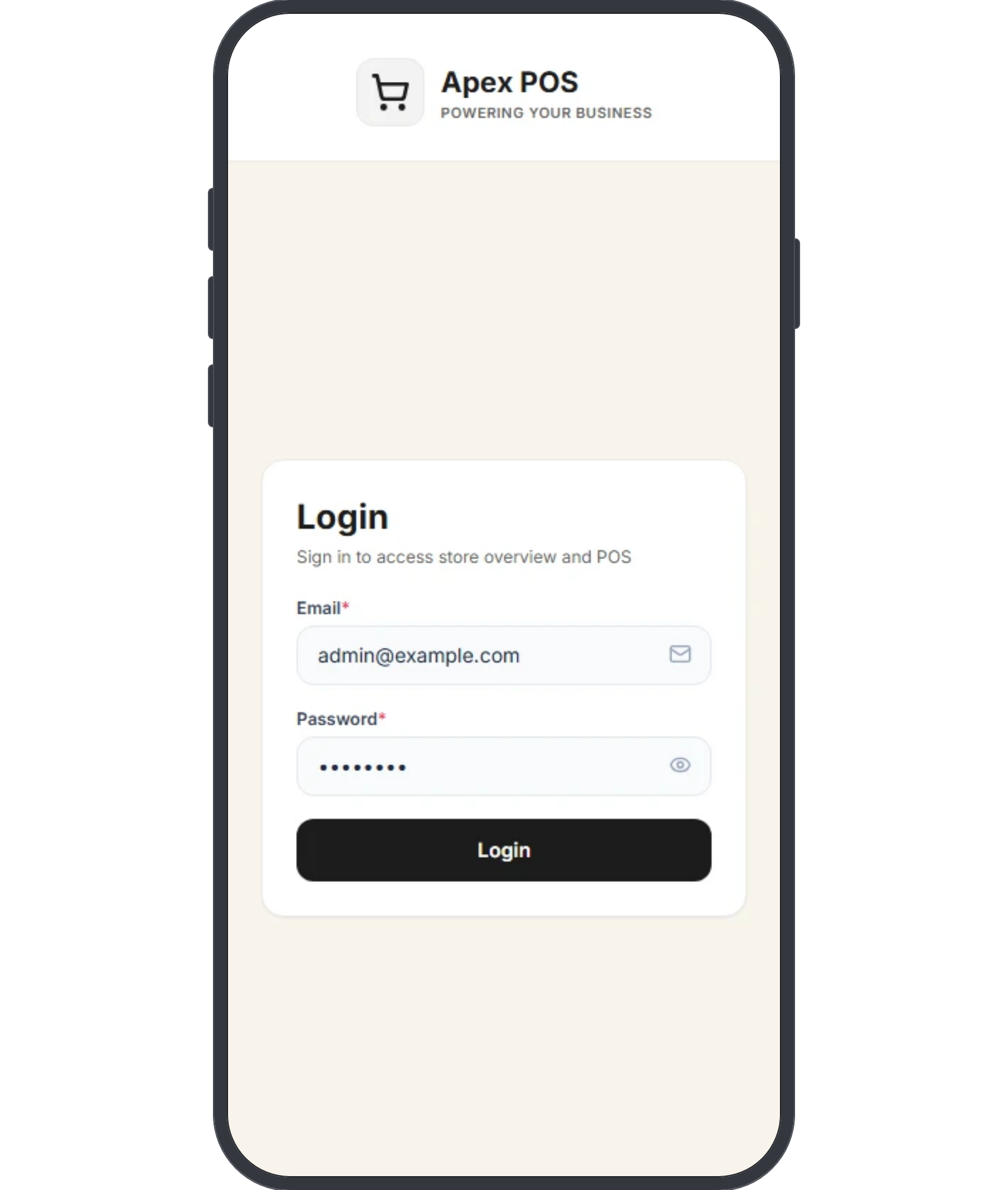POS Login Auth mobile wireframe: brand header with tagline, then a single centred card with a login heading, email field, password field and one full width button