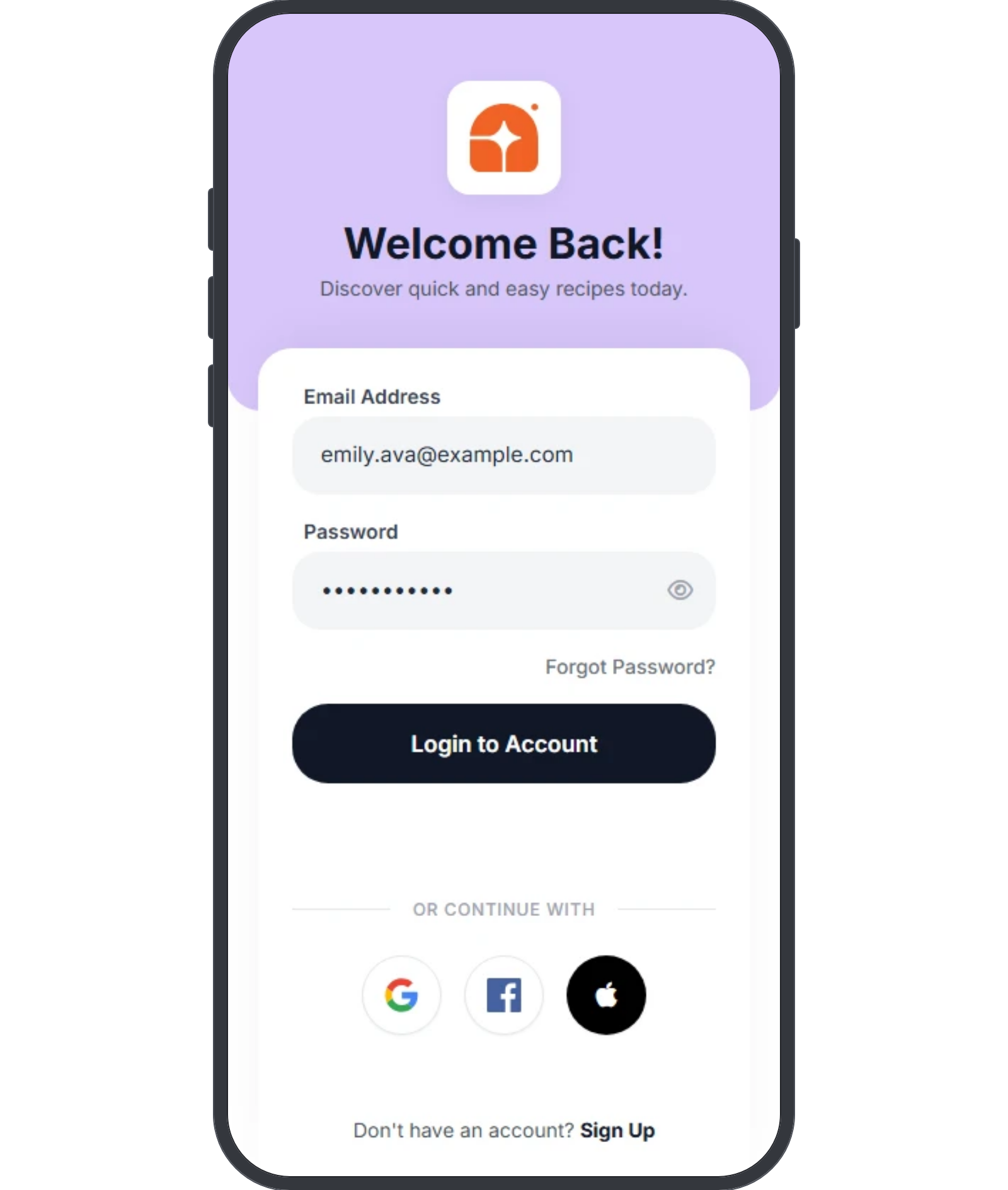 Whip Login Form mobile wireframe: app icon in a header band, welcome heading, card with two fields, forgot link, primary button, divider and three circular social buttons in one row