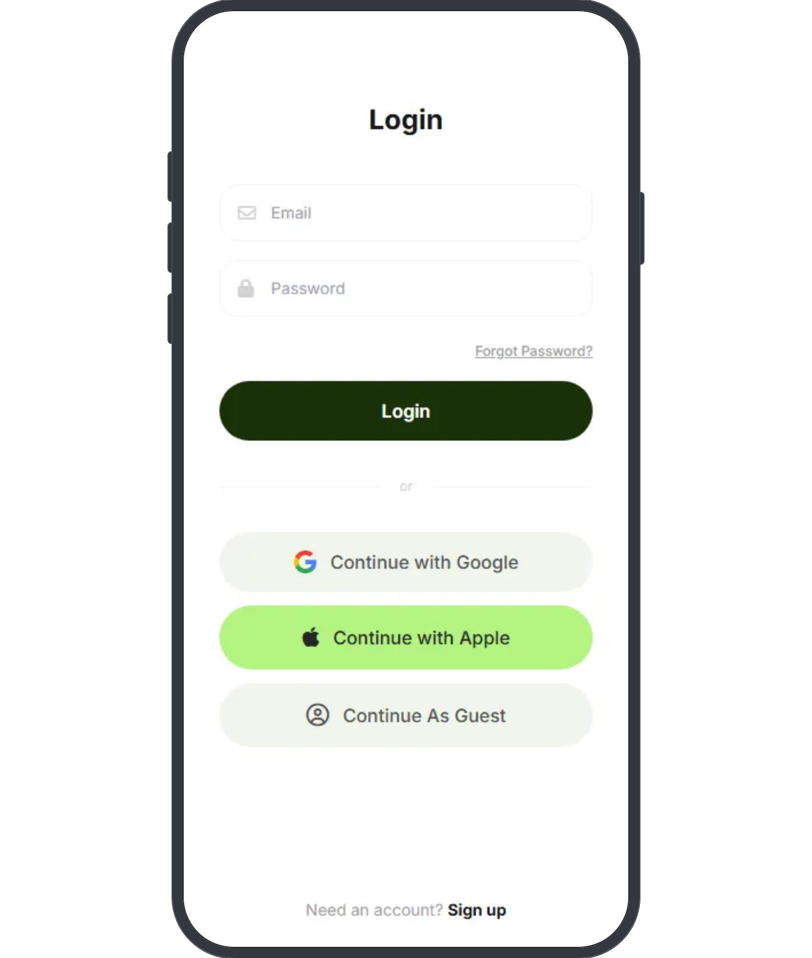 Coaching Login mobile wireframe: login title, two fields, forgot link, primary button, divider, then three stacked buttons for Google, Apple and guest, and a sign up line